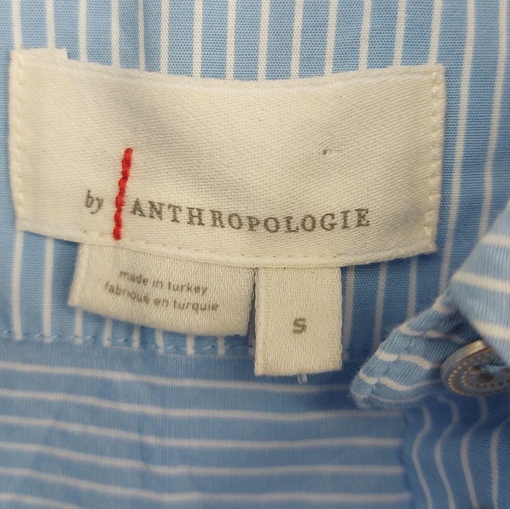ANTHROPOLOGIE Blue Striped Shirtdress Size M Ruffle Hem Button Up Balloon Sleeve - Picture 6 of 11